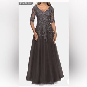 La Femme Charcoal Lace Long Sleeve Gown